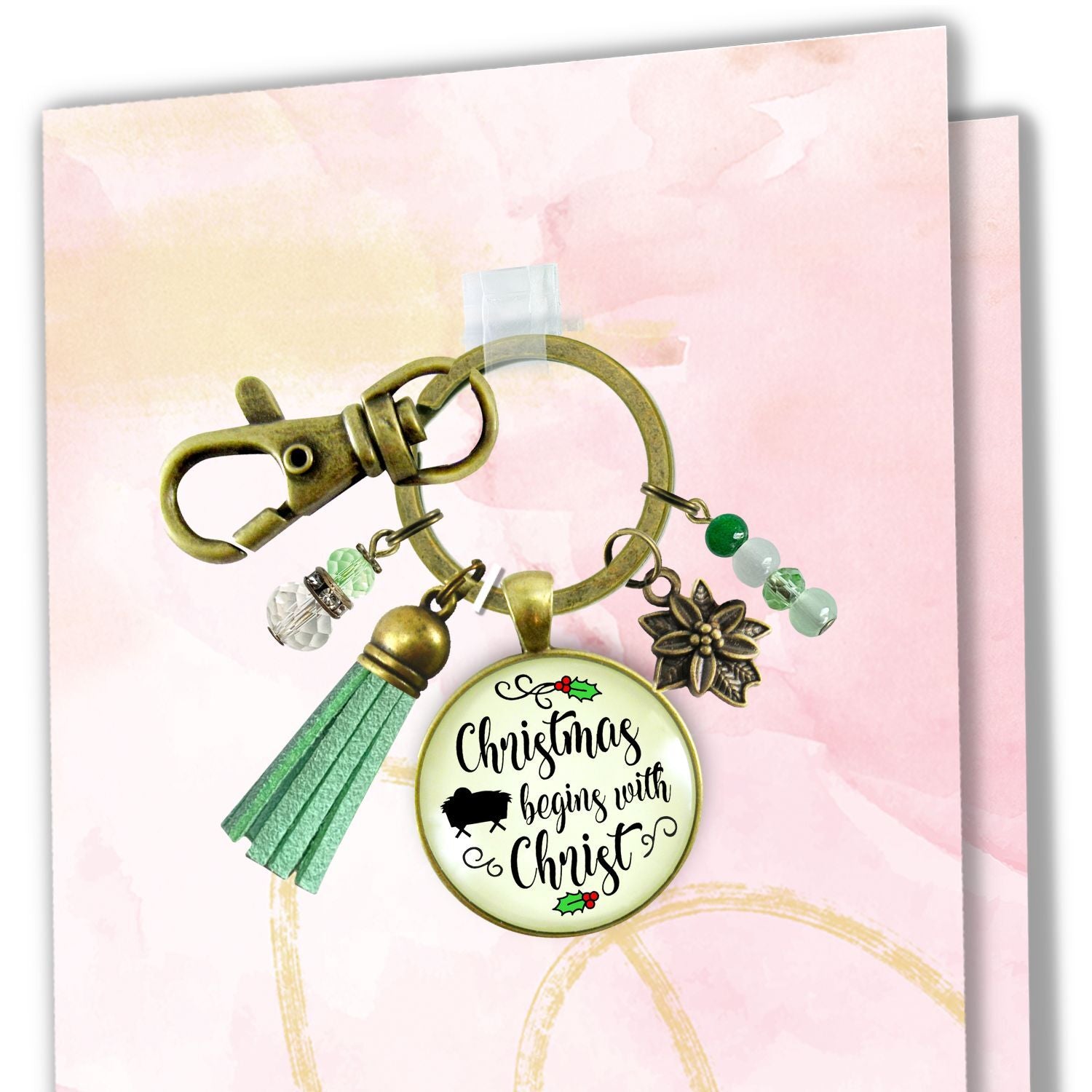 Merry Christmas Keychain Christmas Begins With Christ Faith Jewelry Handmade Candle Charm Gift