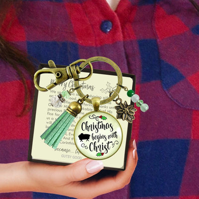 Merry Christmas Keychain Christmas Begins With Christ Faith Jewelry Handmade Candle Charm Gift