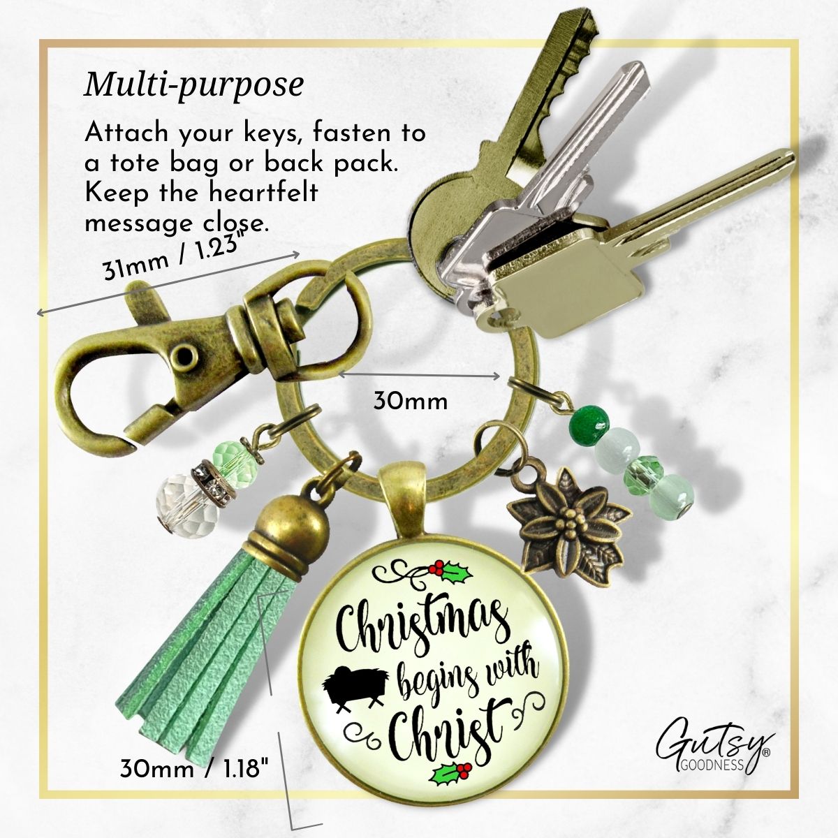 Merry Christmas Keychain Christmas Begins With Christ Faith Jewelry Handmade Candle Charm Gift   - Gutsy Goodness Handmade Jewelry