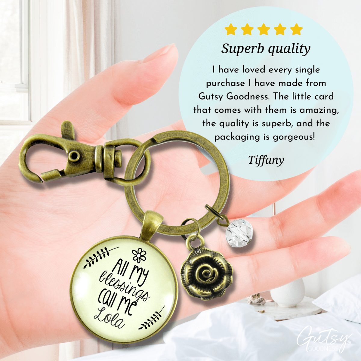 Grandma Lola Keychain All My Blessings Call Me Lola Gift Quote Grandmother Jewelry Gift Flower - Gutsy Goodness Handmade Jewelry;Grandma Lola Keychain All My Blessings Call Me Lola Gift Quote Grandmother Jewelry Gift Flower - Gutsy Goodness Handmade Jewelry Gifts