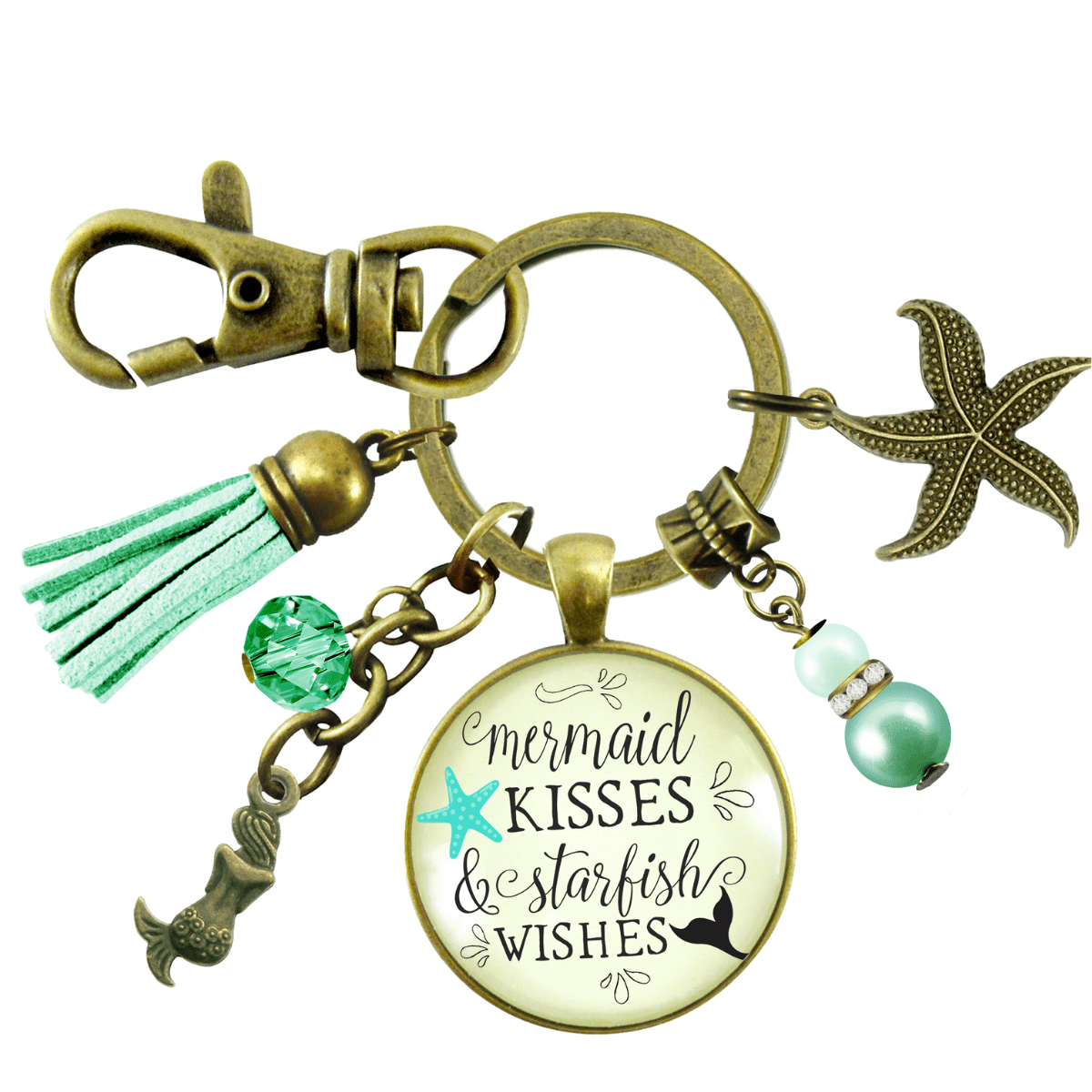 Mermaid Tail Keychain Kisses Starfish Wishes Teal Beach Girl BFF Nautical Sea Gift Jewelry - Gutsy Goodness