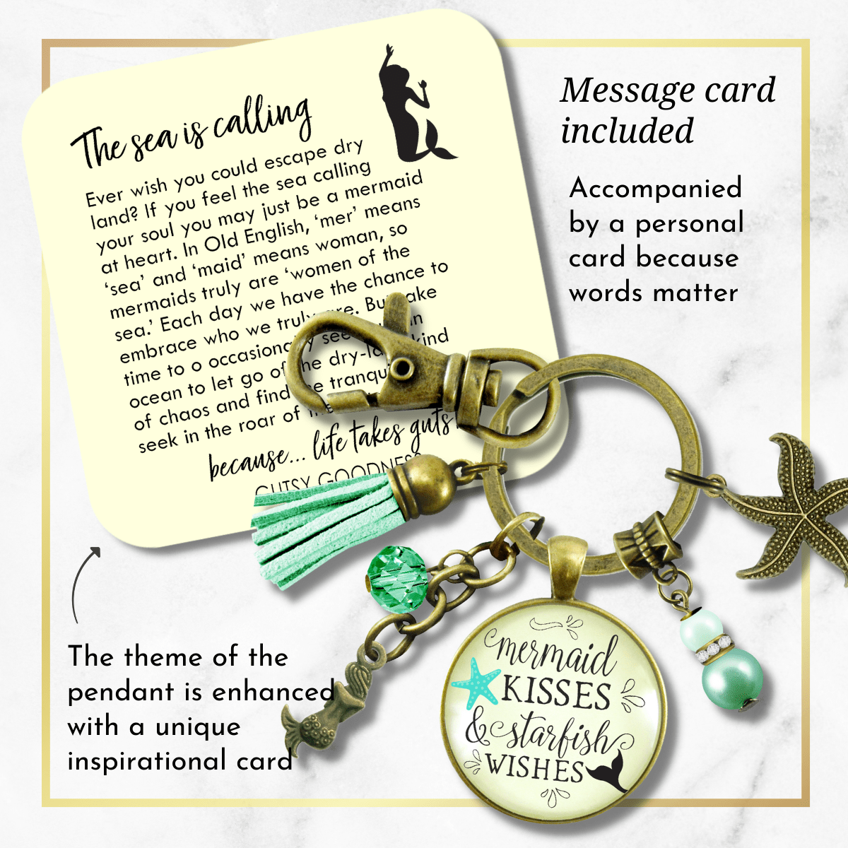 Mermaid Tail Keychain Kisses Starfish Wishes Teal Beach Girl BFF Nautical Sea Gift Jewelry - Gutsy Goodness