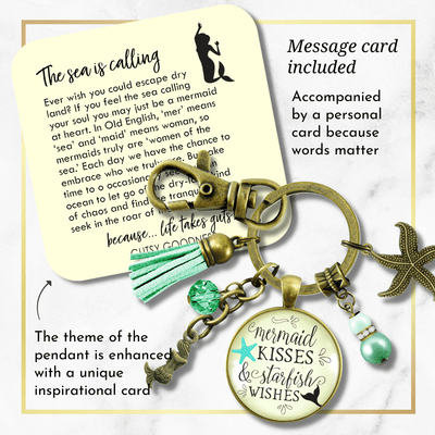 Mermaid Tail Keychain Kisses Starfish Wishes Teal Beach Girl BFF Nautical Sea Gift Jewelry - Gutsy Goodness