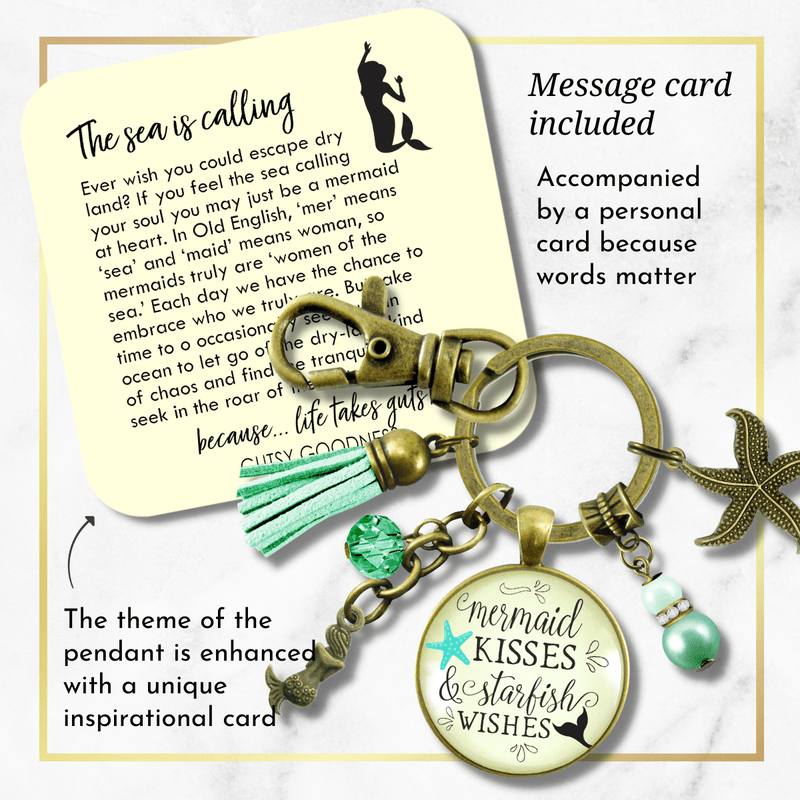 Mermaid Tail Keychain Kisses Starfish Wishes Teal Beach Girl BFF Nautical Sea Gift Jewelry - Gutsy Goodness