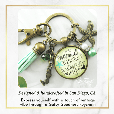 Mermaid Tail Keychain Kisses Starfish Wishes Teal Beach Girl BFF Nautical Sea Gift Jewelry - Gutsy Goodness
