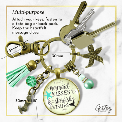 Mermaid Tail Keychain Kisses Starfish Wishes Teal Beach Girl BFF Nautical Sea Gift Jewelry - Gutsy Goodness