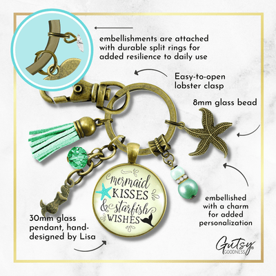 Mermaid Tail Keychain Kisses Starfish Wishes Teal Beach Girl BFF Nautical Sea Gift Jewelry - Gutsy Goodness