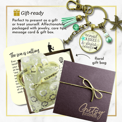 Mermaid Tail Keychain Kisses Starfish Wishes Teal Beach Girl BFF Nautical Sea Gift Jewelry - Gutsy Goodness
