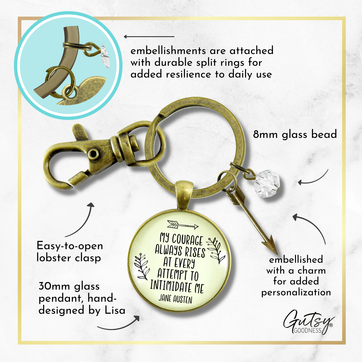 Be Courageous Keychain My Courage Rises Jane Austen Quote Inspirational Jewelry Arrow - Gutsy Goodness