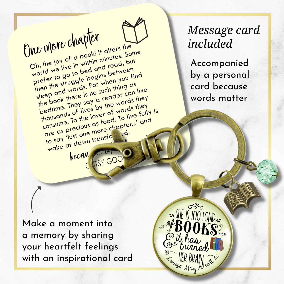 Book Keychain She Is Too Fond Literary Quote Louisa May Alcott Reader Inspired Jewelry Green - Gutsy Goodness;Book Keychain She Is Too Fond Literary Quote Louisa May Alcott Reader Inspired Jewelry Green - Gutsy Goodness Handmade Jewelry Gifts