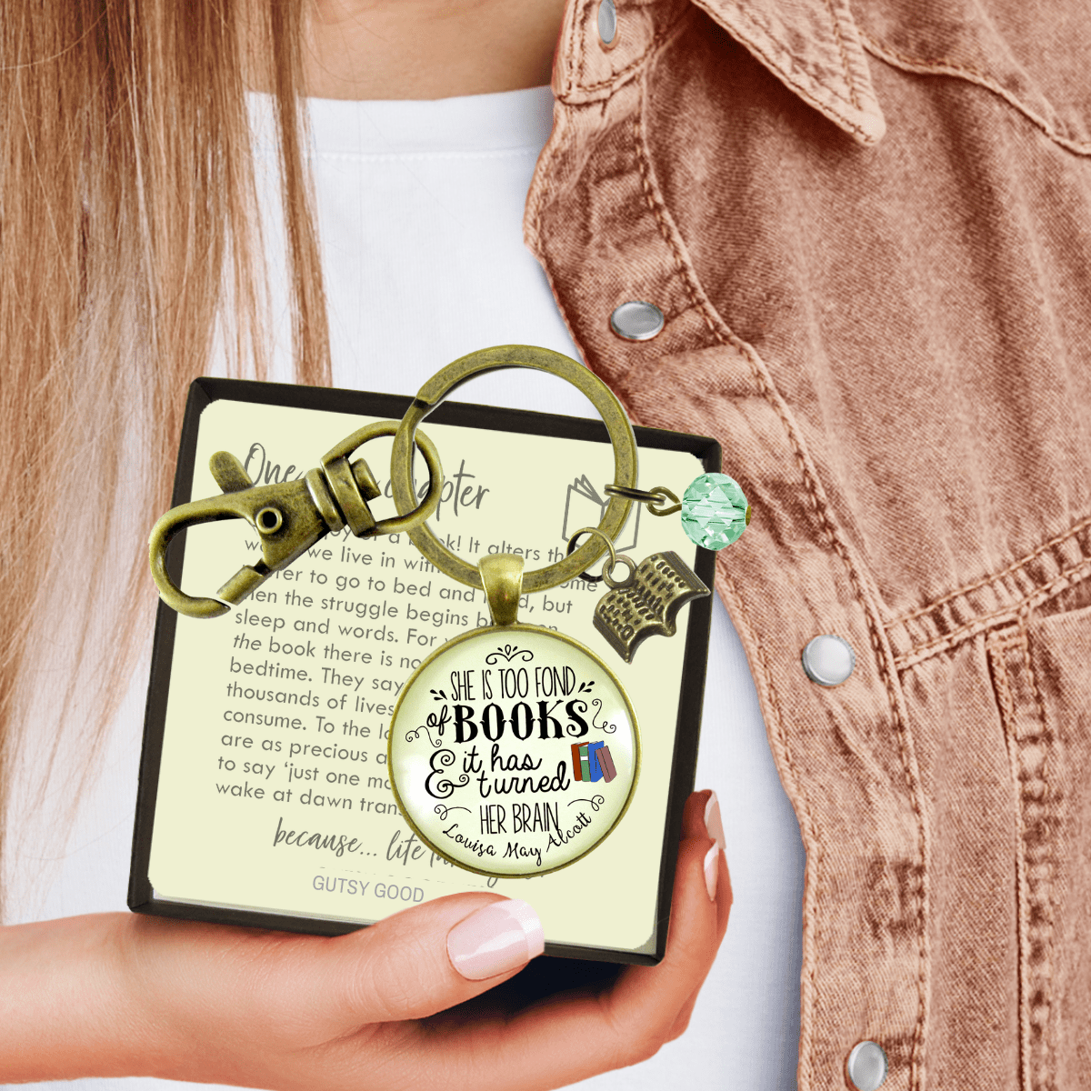 Book Keychain She Is Too Fond Literary Quote Louisa May Alcott Reader Inspired Jewelry Green - Gutsy Goodness;Book Keychain She Is Too Fond Literary Quote Louisa May Alcott Reader Inspired Jewelry Green - Gutsy Goodness Handmade Jewelry Gifts