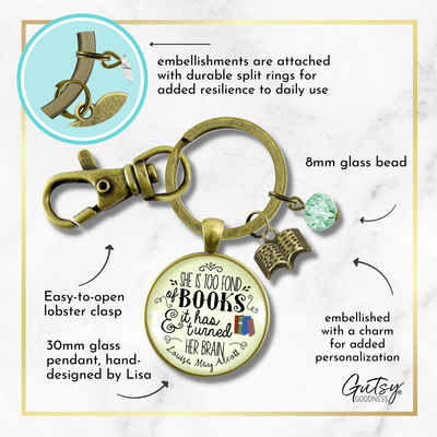 Book Keychain She Is Too Fond Literary Quote Louisa May Alcott Reader Inspired Jewelry Green - Gutsy Goodness;Book Keychain She Is Too Fond Literary Quote Louisa May Alcott Reader Inspired Jewelry Green - Gutsy Goodness Handmade Jewelry Gifts