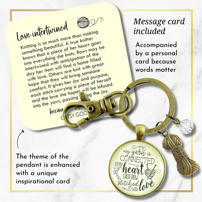 Knitting Keychain Yarn is Connected Heart Knitters Quote Jewelry Yarn Ball Charm - Gutsy Goodness