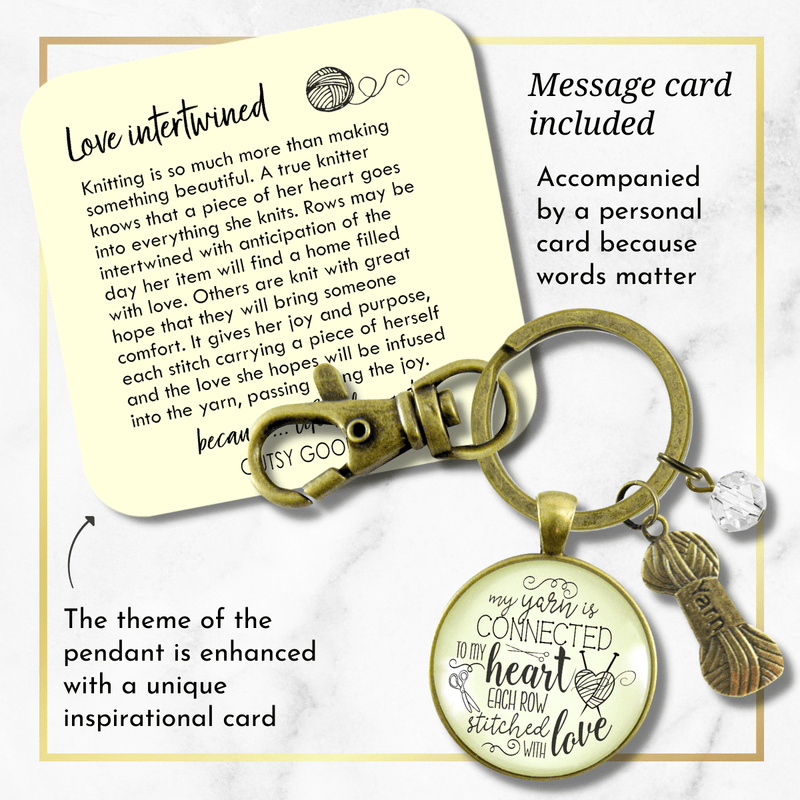 Knitting Keychain Yarn is Connected Heart Knitters Quote Jewelry Yarn Ball Charm - Gutsy Goodness