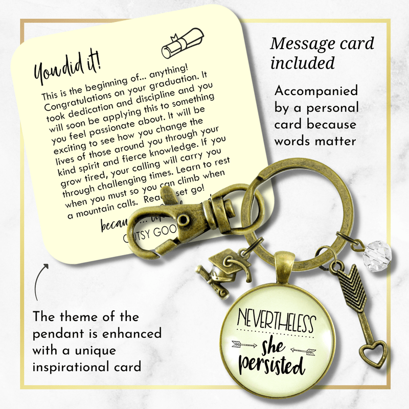 Nevertheless She Persisted Graduate Keychain Graduation Tassel Charm Heart Arrow - Gutsy Goodness