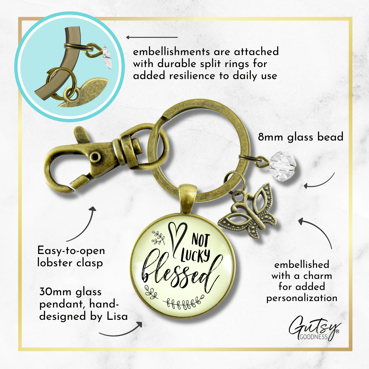 Not Lucky, Blessed Keychain Faith Inspired Vintage Jewelry For Women Butterfly Gift - Gutsy Goodness