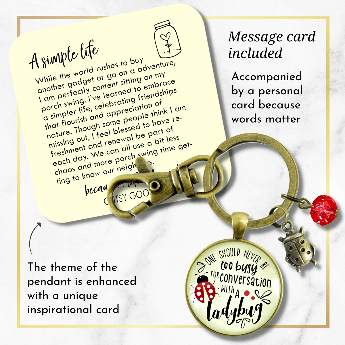 Ladybug Keychain Never Too Busy Friendship Quote Gardener Jewelry - Gutsy Goodness