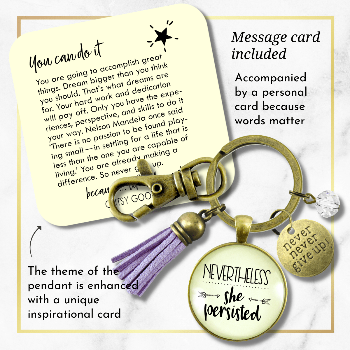 Nevertheless She Persisted Keychain Glam Success Quote Hustle Jewelry Gift Tassel - Gutsy Goodness