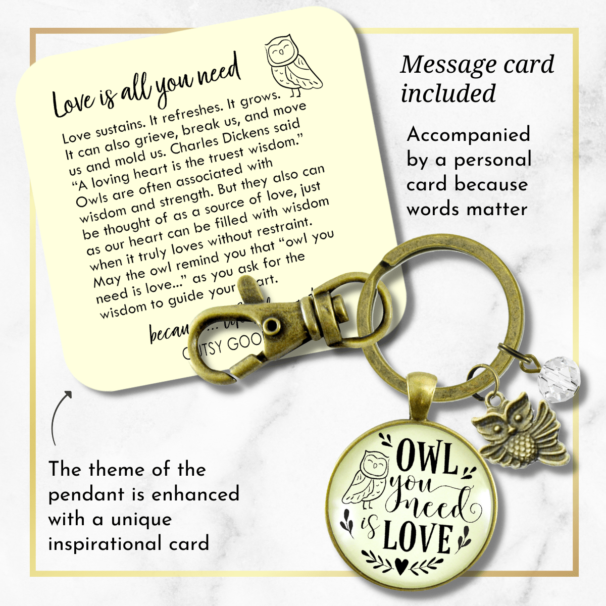 Owl Keychain Owl You Need Is Love Friendship Quote Symbolic Jewelry Inspired Pendant - Gutsy Goodness
