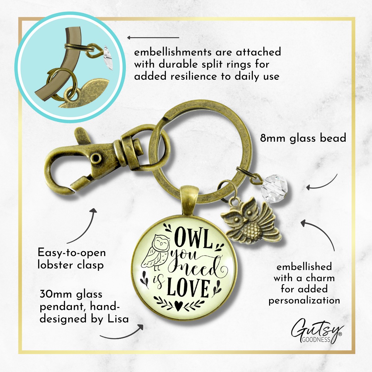 Owl Keychain Owl You Need Is Love Friendship Quote Symbolic Jewelry Inspired Pendant - Gutsy Goodness