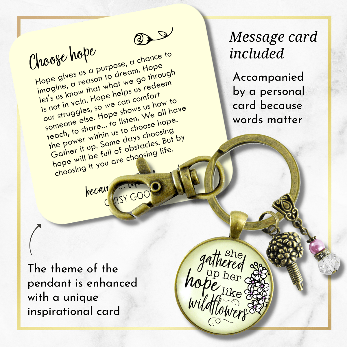 Inspirational Quote Keychain She Gathered Up Her Hope Like Wildflowers Lavender Jewelry - Gutsy Goodness