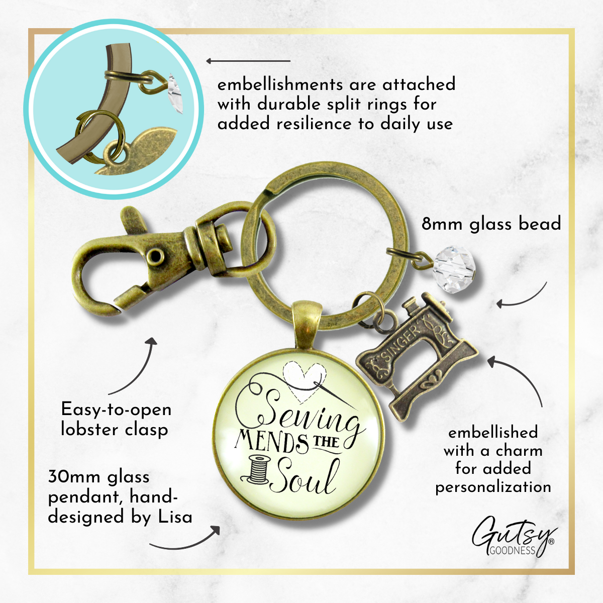 Sewing Keychain Mends the Soul Seamstress Key Ring Bronze Jewelry Machine Charm - Gutsy Goodness Handmade Jewelry;Sewing Keychain Mends The Soul Seamstress Key Ring Bronze Jewelry Machine Charm - Gutsy Goodness Handmade Jewelry Gifts