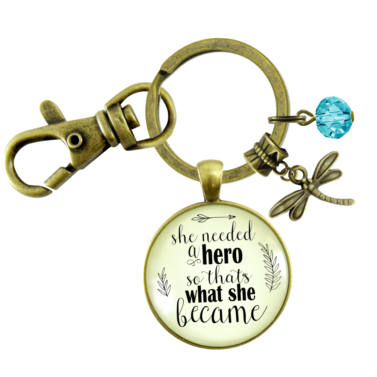 Dragonfly Keychain She Needed a Hero Quote Jewelry Strong Women Mantra Teal Bead - Gutsy Goodness