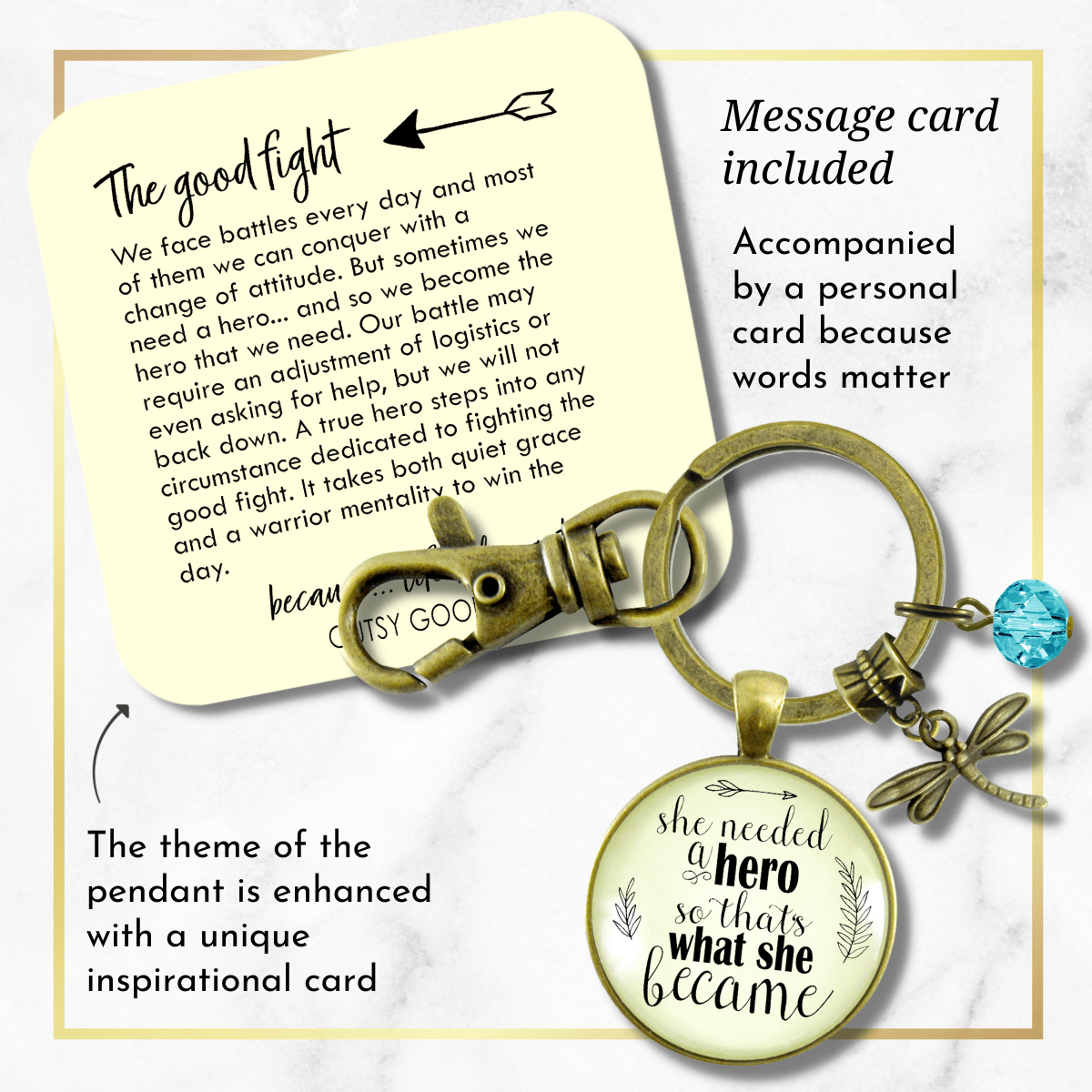 Dragonfly Keychain She Needed a Hero Quote Jewelry Strong Women Mantra Teal Bead - Gutsy Goodness