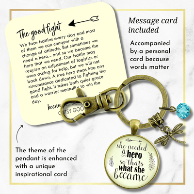 Dragonfly Keychain She Needed a Hero Quote Jewelry Strong Women Mantra Teal Bead - Gutsy Goodness