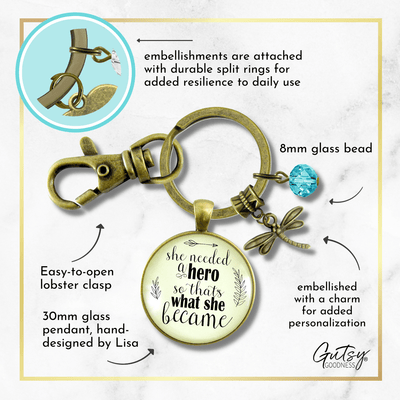 Dragonfly Keychain She Needed a Hero Quote Jewelry Strong Women Mantra Teal Bead - Gutsy Goodness