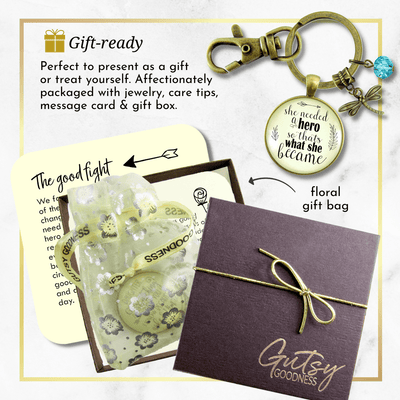 Dragonfly Keychain She Needed a Hero Quote Jewelry Strong Women Mantra Teal Bead - Gutsy Goodness