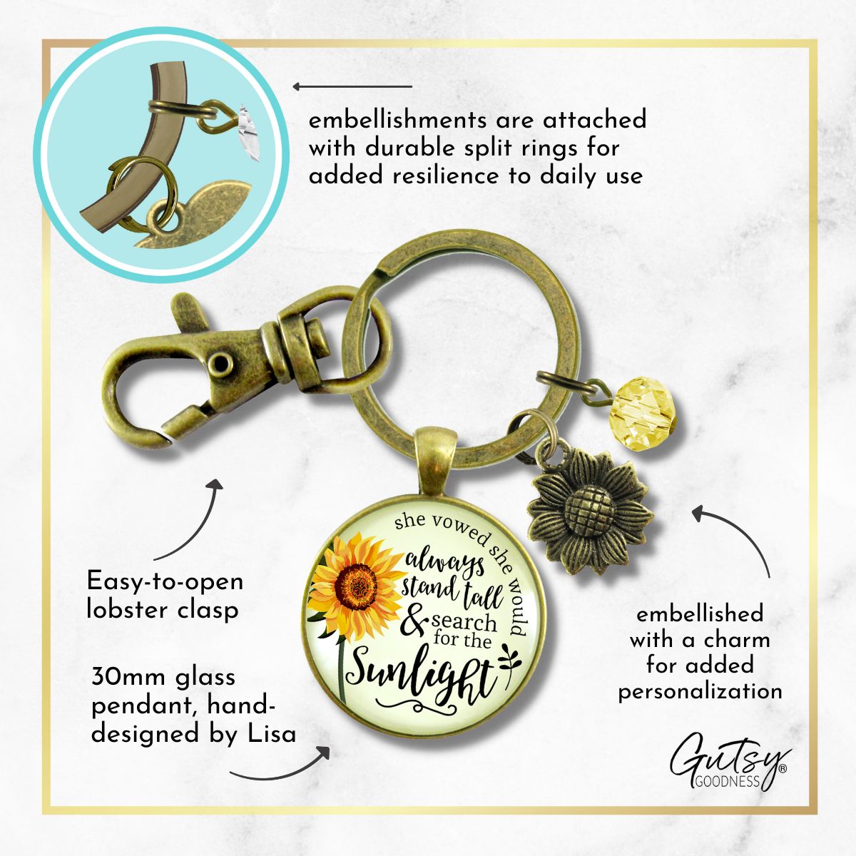 Sunflower Keychain She Vowed Sunlight Inspiration Jewelry  Keychain - Women - Gutsy Goodness Handmade Jewelry