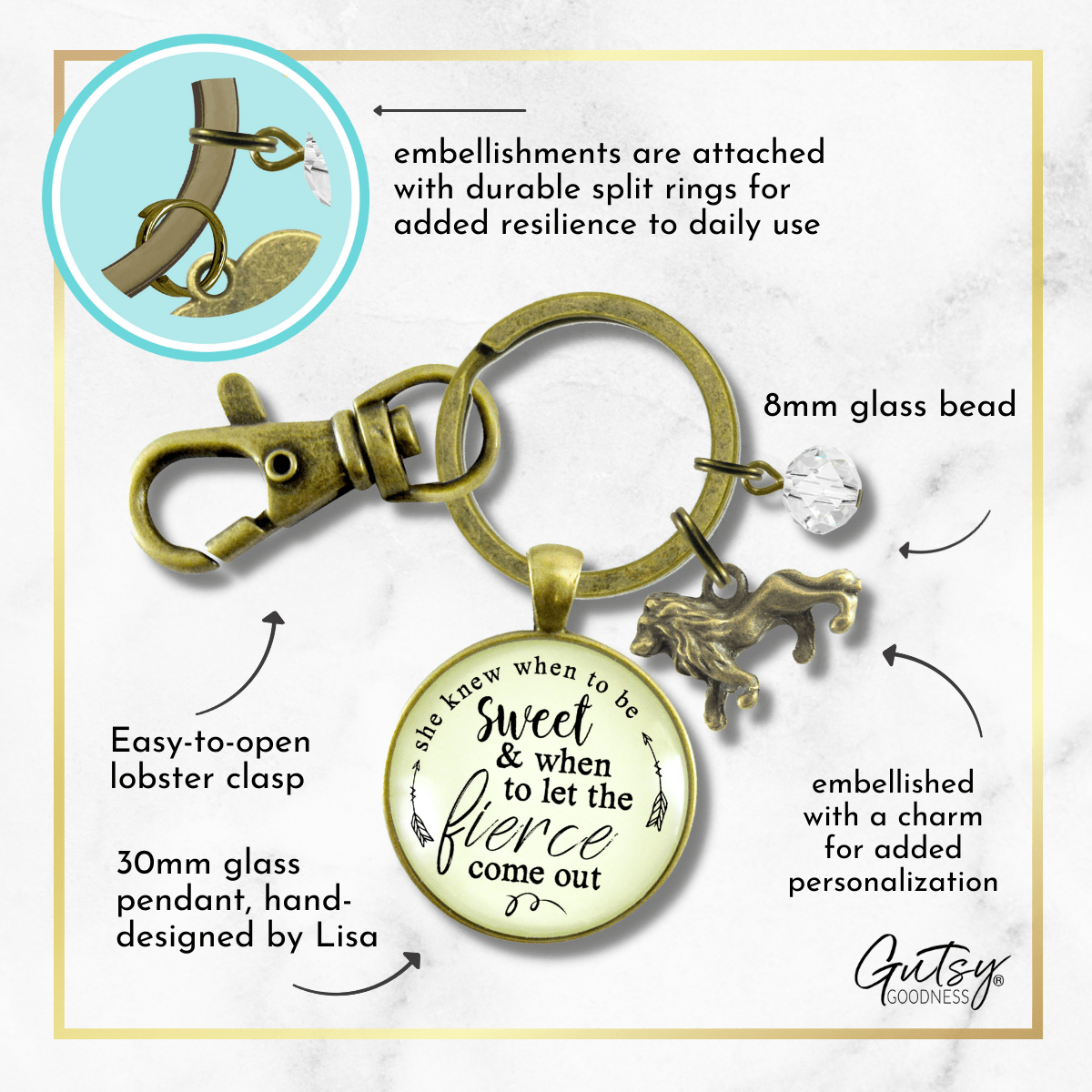 Lion Keychain She Knew When To Be Sweet Fierce Womens Brave Life Jewelry - Gutsy Goodness