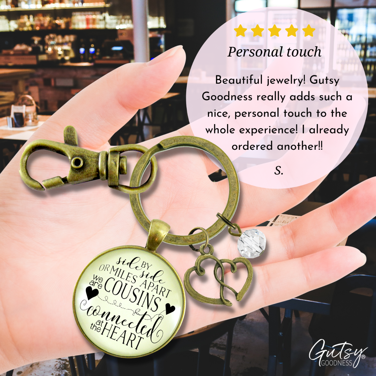 Cousin Keychain Side by Side Long Distance Family Heart Jewelry Gift Open Heart - Gutsy Goodness
