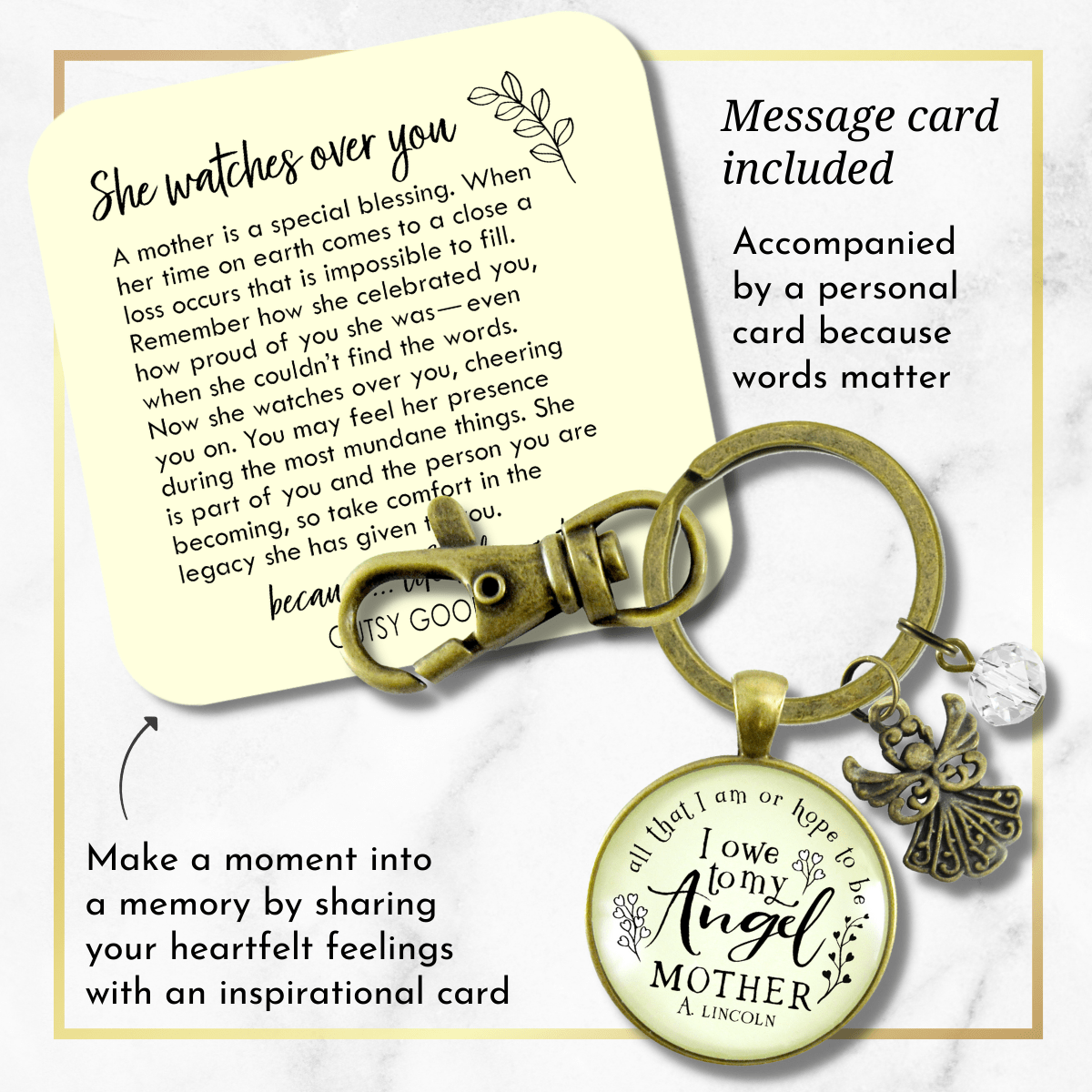 Mom Remembrance Angel Keychain All I Am I Owe To Mother Memorial Jewelry Condolence Gift - Gutsy Goodness