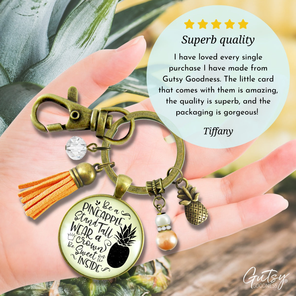 Pineapple Keychain Stand Tall Quote Women's Tropical Fun Jewelry Gift Tassel - Gutsy Goodness