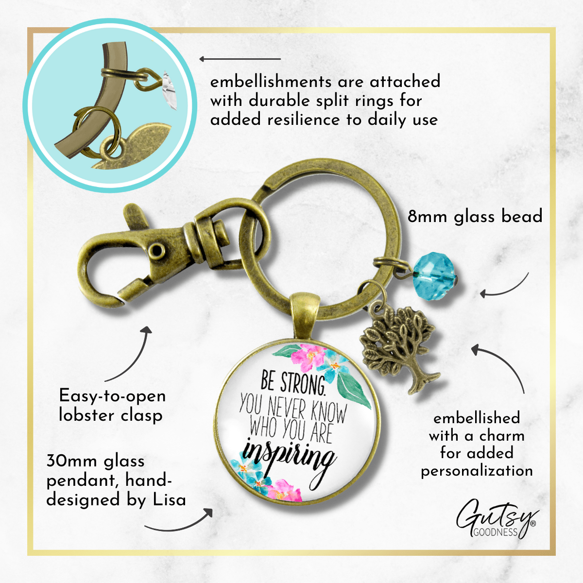 Inspirational Keychain Be Strong You Never Know Watercolor Pink Floral Meaningful Jewelry For Women - Gutsy Goodness