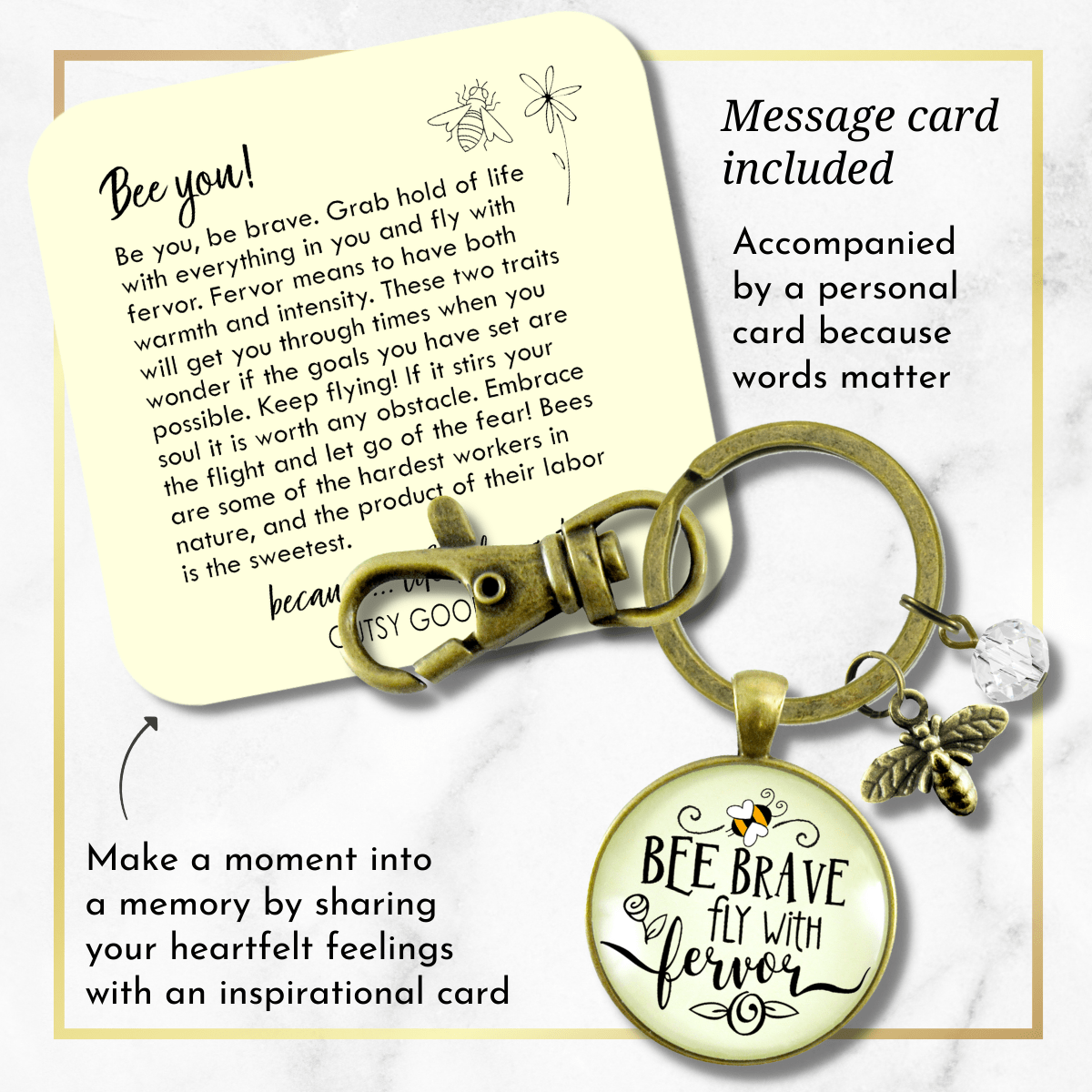Bee Brave Keychain Fly With Fervor Fun Jewelry For Women Dainty Bumble Bee Quote - Gutsy Goodness