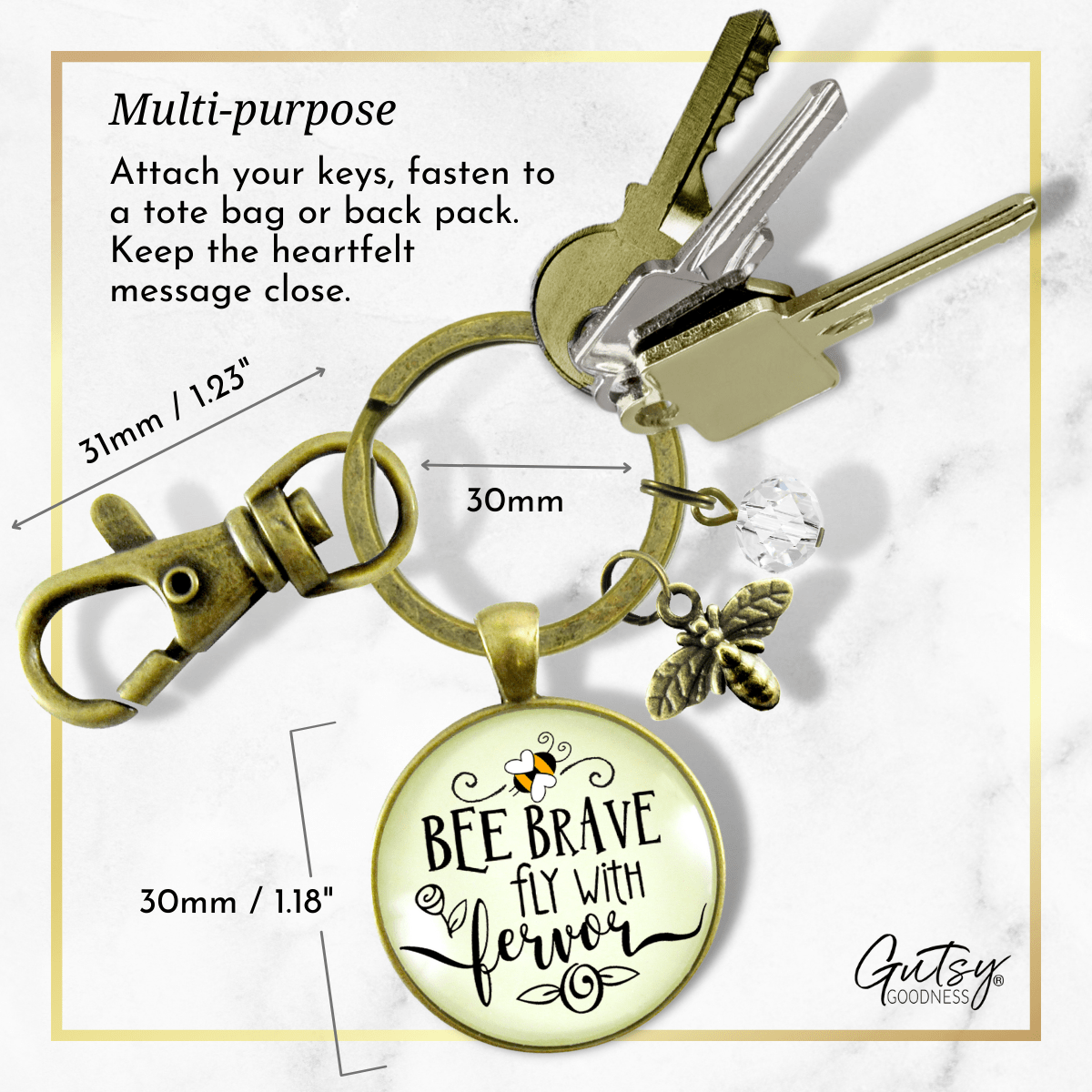 Bee Brave Keychain Fly With Fervor Fun Jewelry For Women Dainty Bumble Bee Quote - Gutsy Goodness