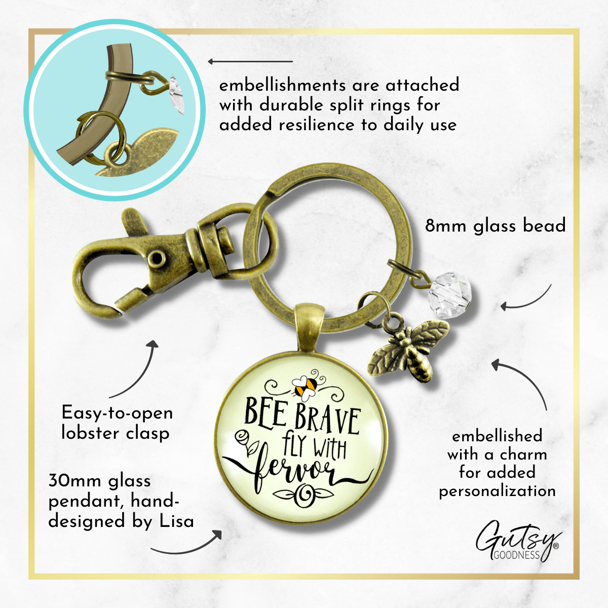 Bee Brave Keychain Fly With Fervor Fun Jewelry For Women Dainty Bumble Bee Quote - Gutsy Goodness