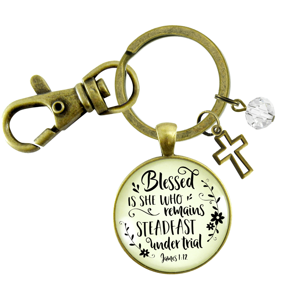 Faith Keychain Blessed is She Who Remains Steadfast Quote Vintage Style Jewelry - Gutsy Goodness