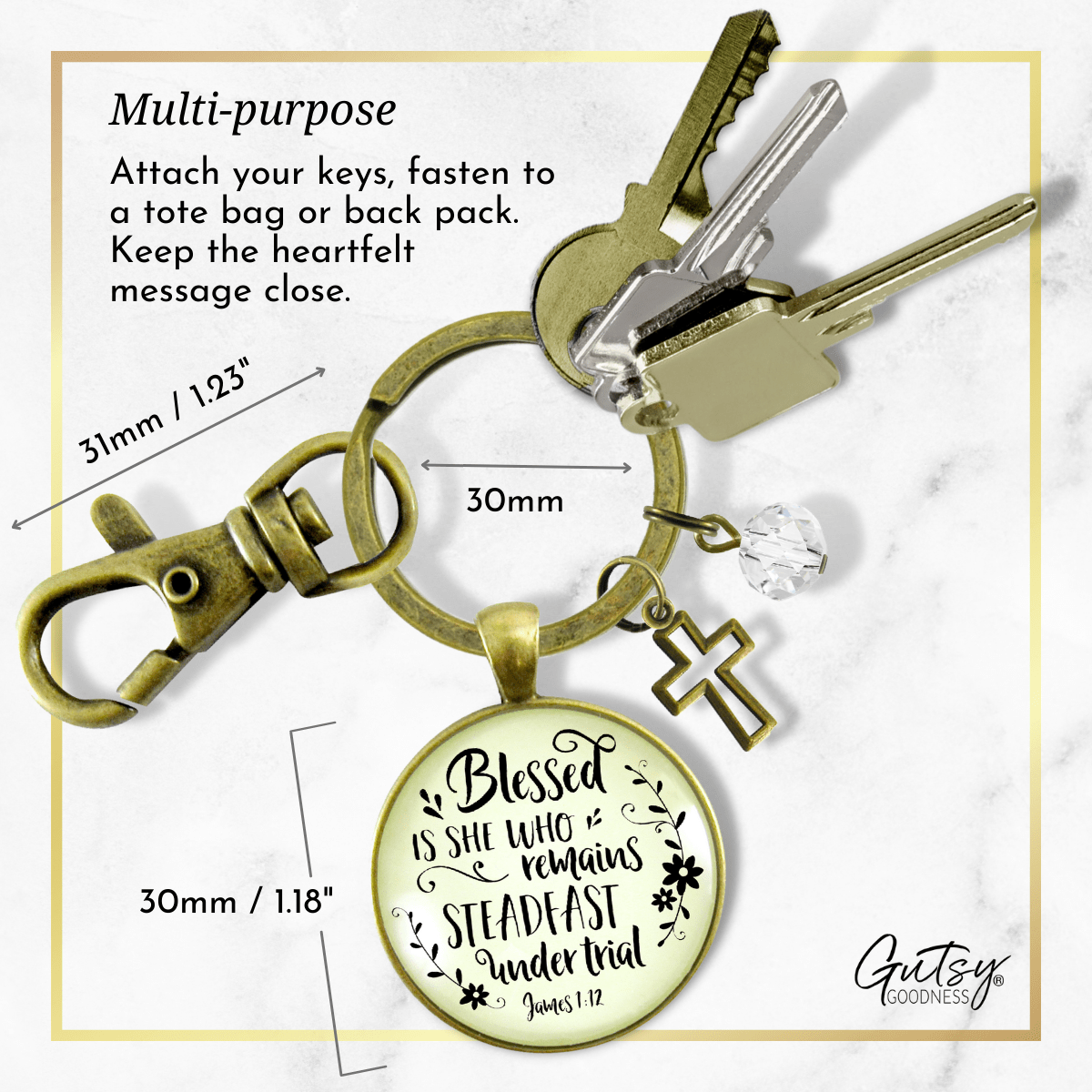 Faith Keychain Blessed is She Who Remains Steadfast Quote Vintage Style Jewelry - Gutsy Goodness