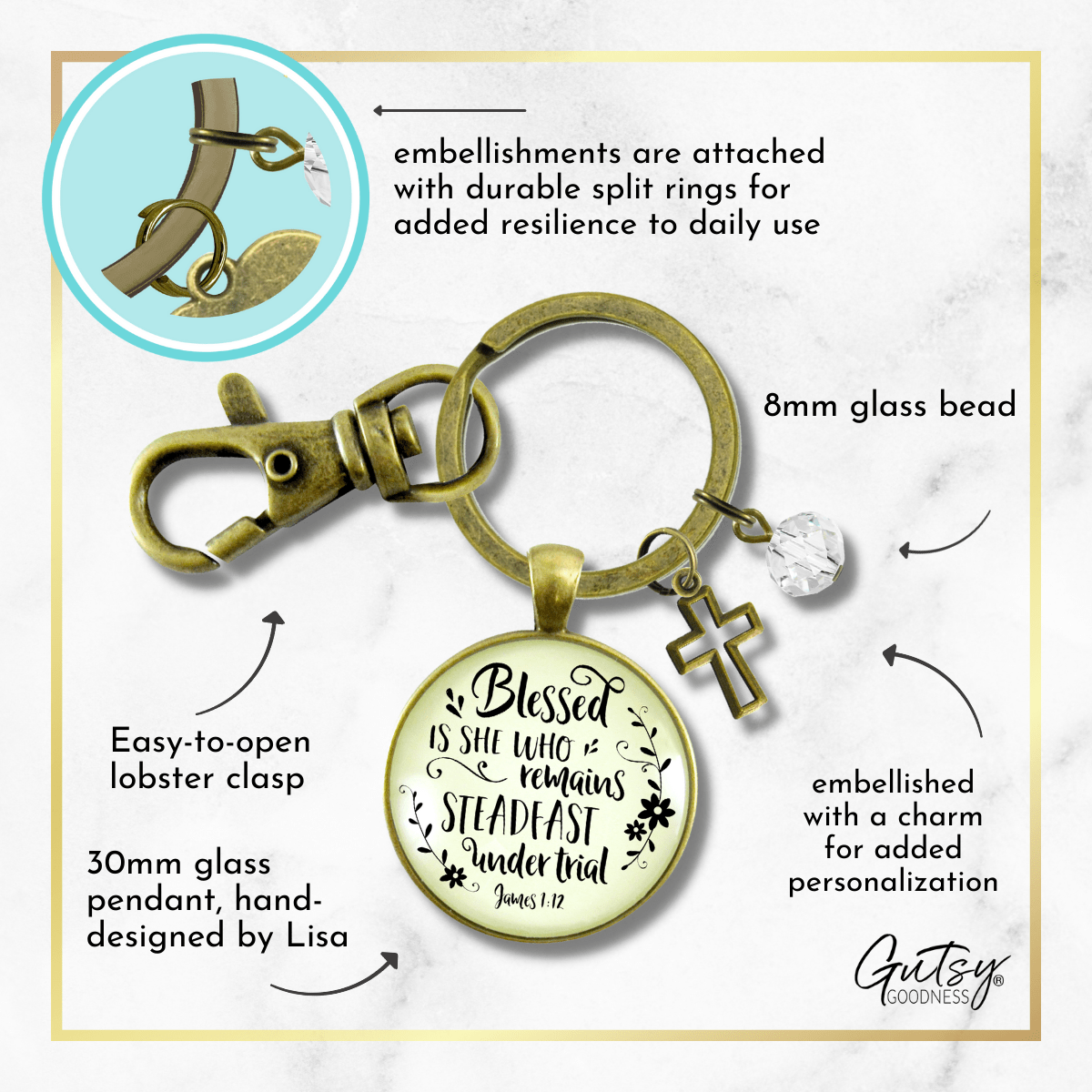 Faith Keychain Blessed is She Who Remains Steadfast Quote Vintage Style Jewelry - Gutsy Goodness