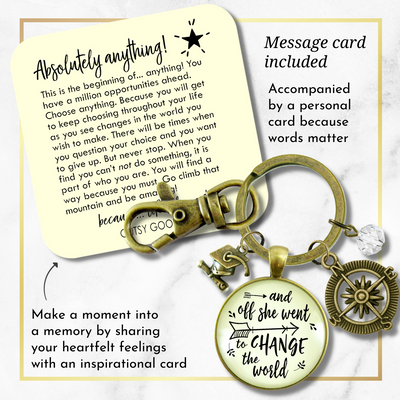 And Off She Went to Change the World Graduation Keychain Compass Charm Womens Jewelry - Gutsy Goodness Handmade Jewelry;And Off She Went To Change The World Graduation Keychain Compass Charm Womens Jewelry - Gutsy Goodness Handmade Jewelry Gifts