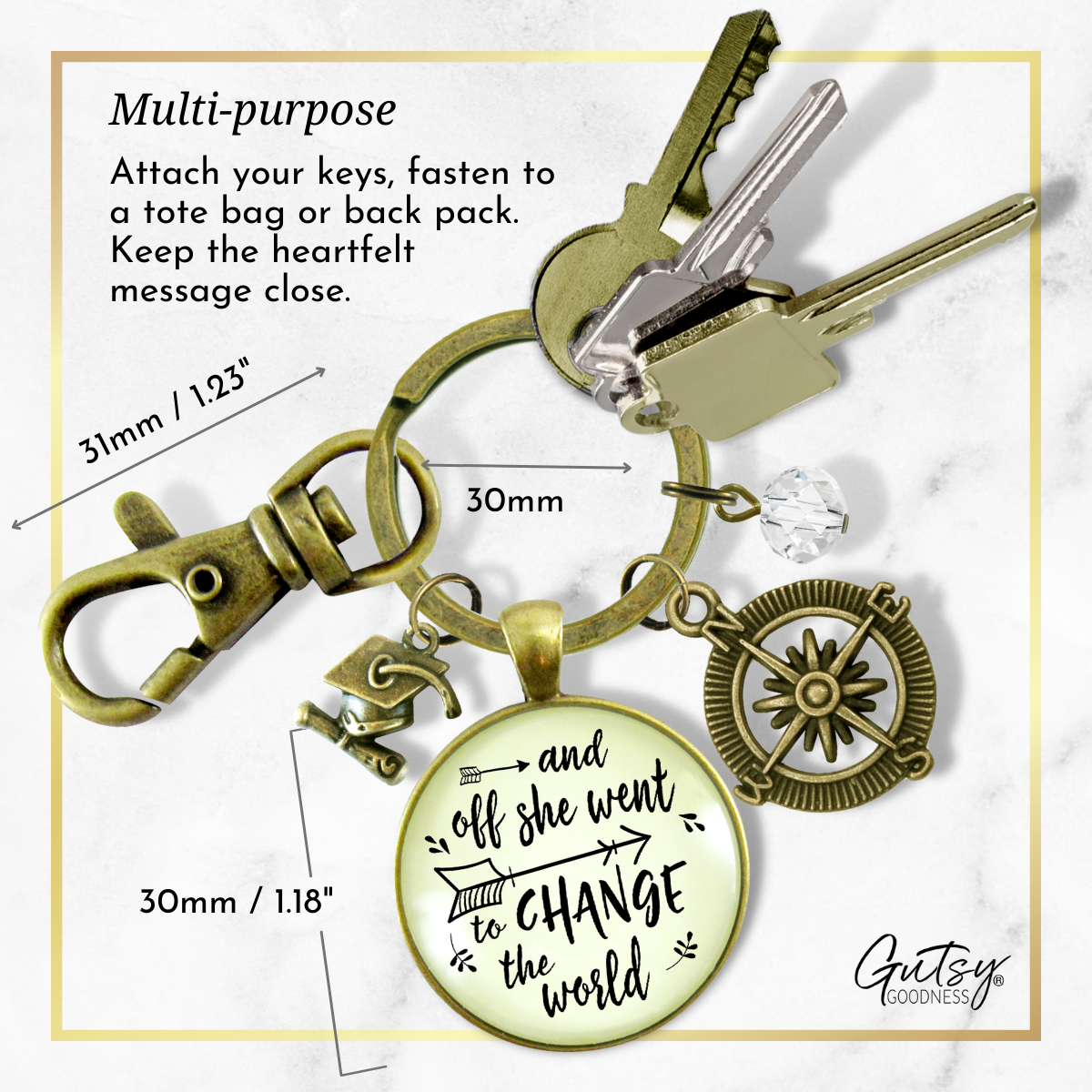 And Off She Went to Change the World Graduation Keychain Compass Charm Womens Jewelry - Gutsy Goodness Handmade Jewelry;And Off She Went To Change The World Graduation Keychain Compass Charm Womens Jewelry - Gutsy Goodness Handmade Jewelry Gifts
