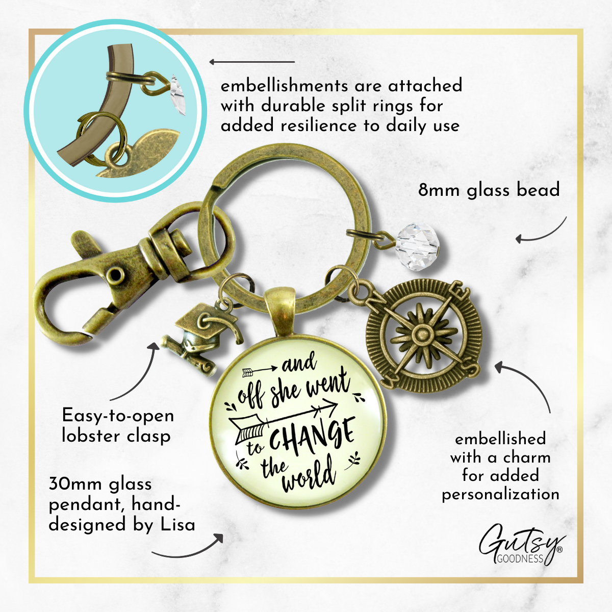 And Off She Went to Change the World Graduation Keychain Compass Charm Womens Jewelry - Gutsy Goodness Handmade Jewelry;And Off She Went To Change The World Graduation Keychain Compass Charm Womens Jewelry - Gutsy Goodness Handmade Jewelry Gifts