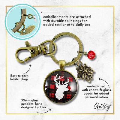 Deer Antler Keychain Buffalo Red Hunter Plaid Christmas Jewelry