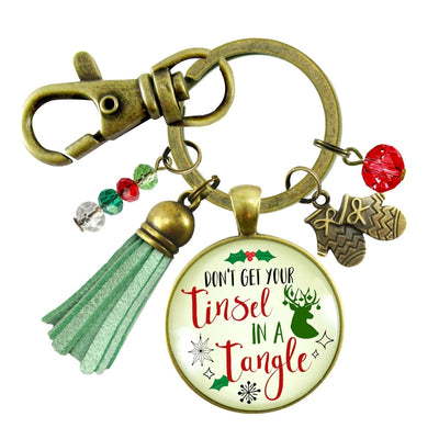 Christmas Keychain Don't Get Your Tinsel Tangle Charm Pendant Handmade Fun Holiday Gift Stocking Charm Tassel   - Gutsy Goodness Handmade Jewelry