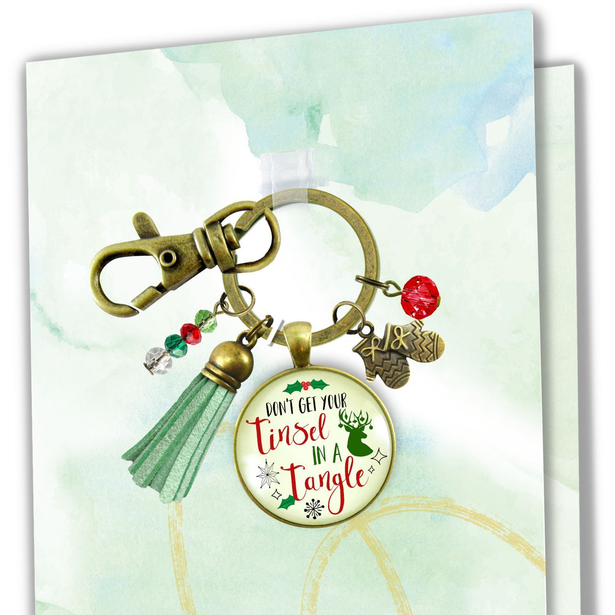 Christmas Keychain Don't Get Your Tinsel Tangle Charm Pendant Handmade Fun Holiday Gift Stocking Charm Tassel