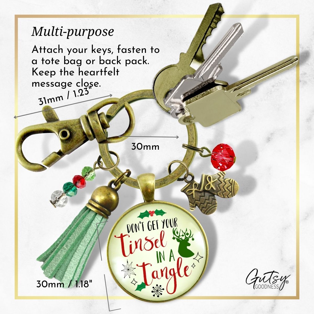 Christmas Keychain Don't Get Your Tinsel Tangle Charm Pendant Handmade Fun Holiday Gift Stocking Charm Tassel